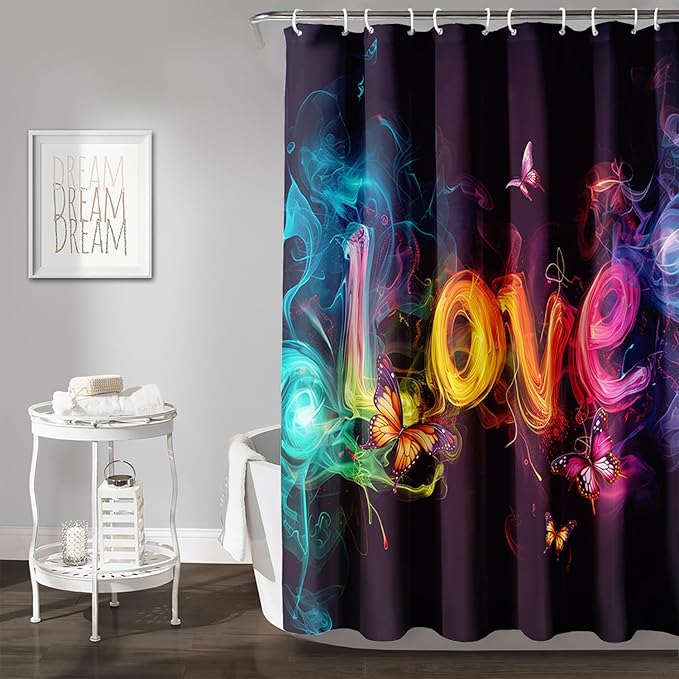 AILONEN Love Theme Shower Curtain for Bathroom,Romantic Smoky Butterfly Bath Curtain,Gradient Love Shabby Chic Print Black Shower Curtain with 12 Plastic Hooks,Waterproof 72" W*96" H