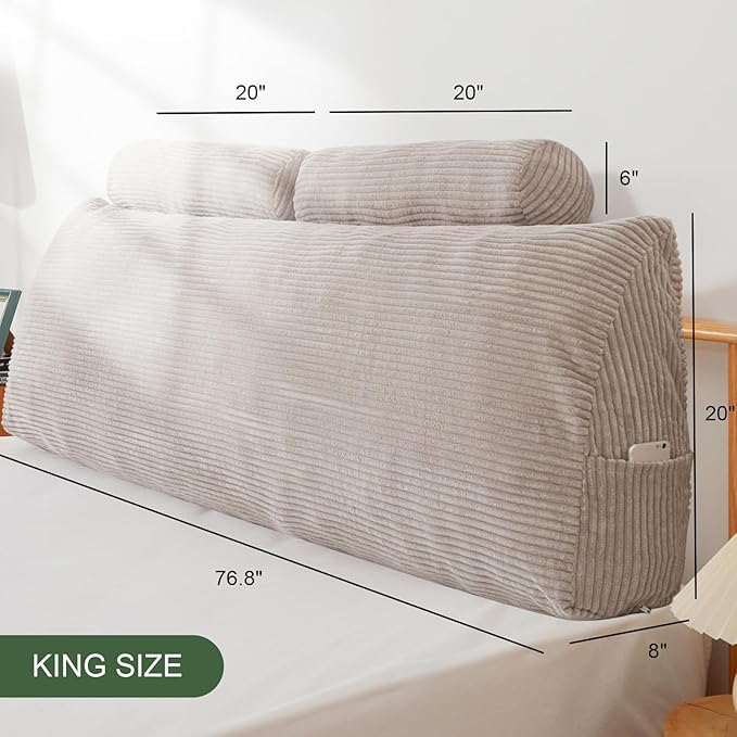 HIGOGOGO Wedge Headboard Pillow, Bed Rest Reading Pillow, Backrest Positioning Support Bolster Cushion with Removable Cover,King Size 76.8X20.4X8.4,Grey