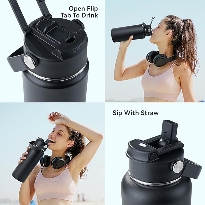 Kerilyn Stainless Steel Insulated Water Bottle, 18oz Double Wall Vacuum Insulated Water Bottle Leak Proof with Silicone Straw, Wide Mouth Lid, BPA Free, Keep Cold and Hot, 18oz, Black