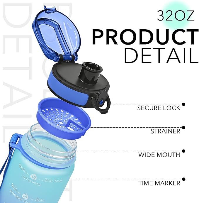 GOSWAG 32oz Motivational Water Bottles with Time Marker and Fruit Strainer, Sports Water Bottle with Times to Drink, Leakproof, Reusable Plastic Bottle with Strap no Straw for Gym, School