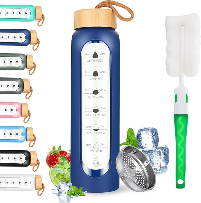 32 Oz Borosilicate Glass Water Bottle with Times to Drink | BPA Free - Reusable Wide Mouth Glass Motivational Water Bottles with Infuser & Silicone Sleeve (dark blue)