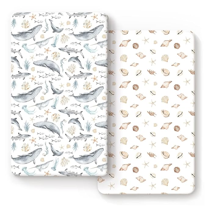 GRSSDER Stretchy Ultra Soft Jersey Knit Fitted Crib Sheets Set 2 Pack, Fit All Standard Crib Mattresses Safe and Snug, Beautiful Marine Organism for Boys and Girls