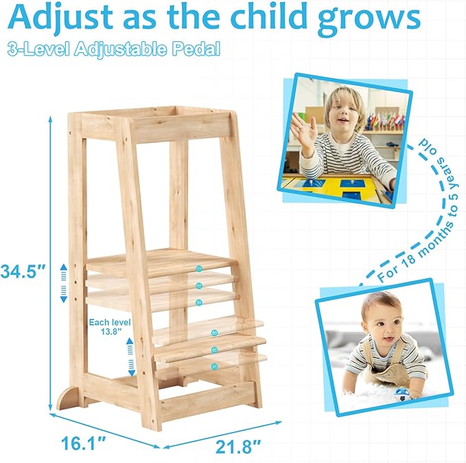 Kids Kitchen Step Stool, Step Stool for Toddlers, Adjustable Height Toddler Standing Tower, Anti-Slip Protection with guardrail, The Anti-Tipping Structure is More Stable (Natural)