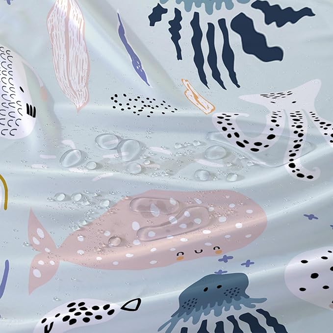 AILONEN Cartoon Ocean Life Shower Curtain for Kids 36" W*72" H Inch,Kawaii Fish Whales Octopuses Pattern Shower Curtain,Ocean Life Theme 12 Pack Hooks Polyester Waterproof Fabric Decor for Bathroom