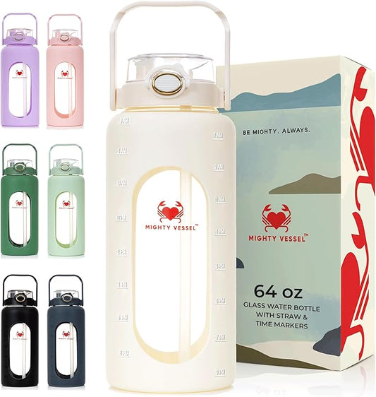 Leakproof 64oz glass water bottle with Time Markers - White Large Water Bottle with Measurements - Pregnancy Water Bottle Tracker - Half Gallon Water Bottle with Straw, 2 liter Water Bottle Glass