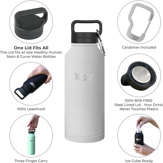 Healthy Human Stainless Steel Water Bottle | Double Walled Vacuum Insulated Water Thermos for Adults | Eco-Friendly Travel Bottles with Leak Proof Lid (Pure White, 32 oz/ 946 ML)