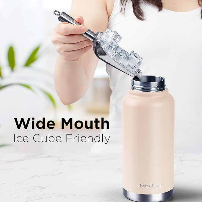 ThermoProof Double-Walled Vacuum Insulated Stainless Steel Water Bottle - Wide Mouth Canteen with Spout & Straw Lids, Dishwasher Safe, Reusable, Leakproof, BPA-Free - 32oz, Taupe