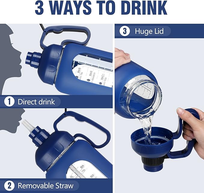 MUKOKO 64oz Glass Water Bottles with Straw, Half Gallon Water Bottle with Time Marker, Motivational Water Bottle with Silicone Sleeves,Large Glass Water Bottle for Gym,Working,Outdoor,Klein