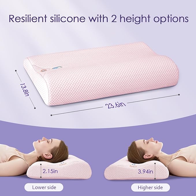 Silicone Cervical Pillow for Pain Relief, Shoulder & Neck Support Machine Washable Silicone Neck Pillow with Cool Silk Breathable Pillowcase, Ergonomic Pillow for Side, Back, Stomach Sleepers