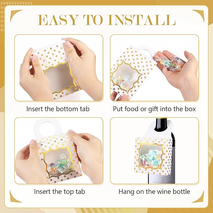 ISKYBOB 20PCS Wine Bottle Box with Window, Kraft Paper Wine Boxes for Birthday Gifts Hanging Wine Treat Box Mini Charcuterie Boxes Champagne Bottles Gift Boxes Candy Box for Party Favor (White Gold)