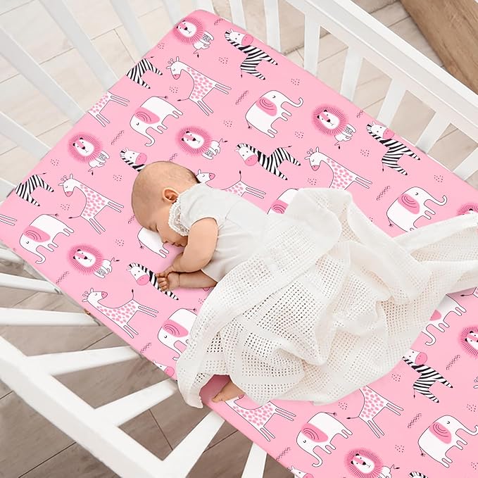 JISEN Baby Crib Sheets Soft Breathable Pink Fitted Crib Sheets Baby Sheet for Standard Crib and Toddler Mattress Baby Bed Sheets for Crib for Baby Boys Girls Neutral 52x28 Inch Elephant