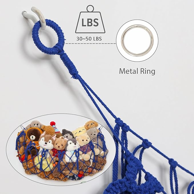 Stuffed Animal Net or Hammock Wall Macrame Toy Display Plush Toy Holder Ceiling Hanging Net for Stuffed Animal Storage (Blue, Small)