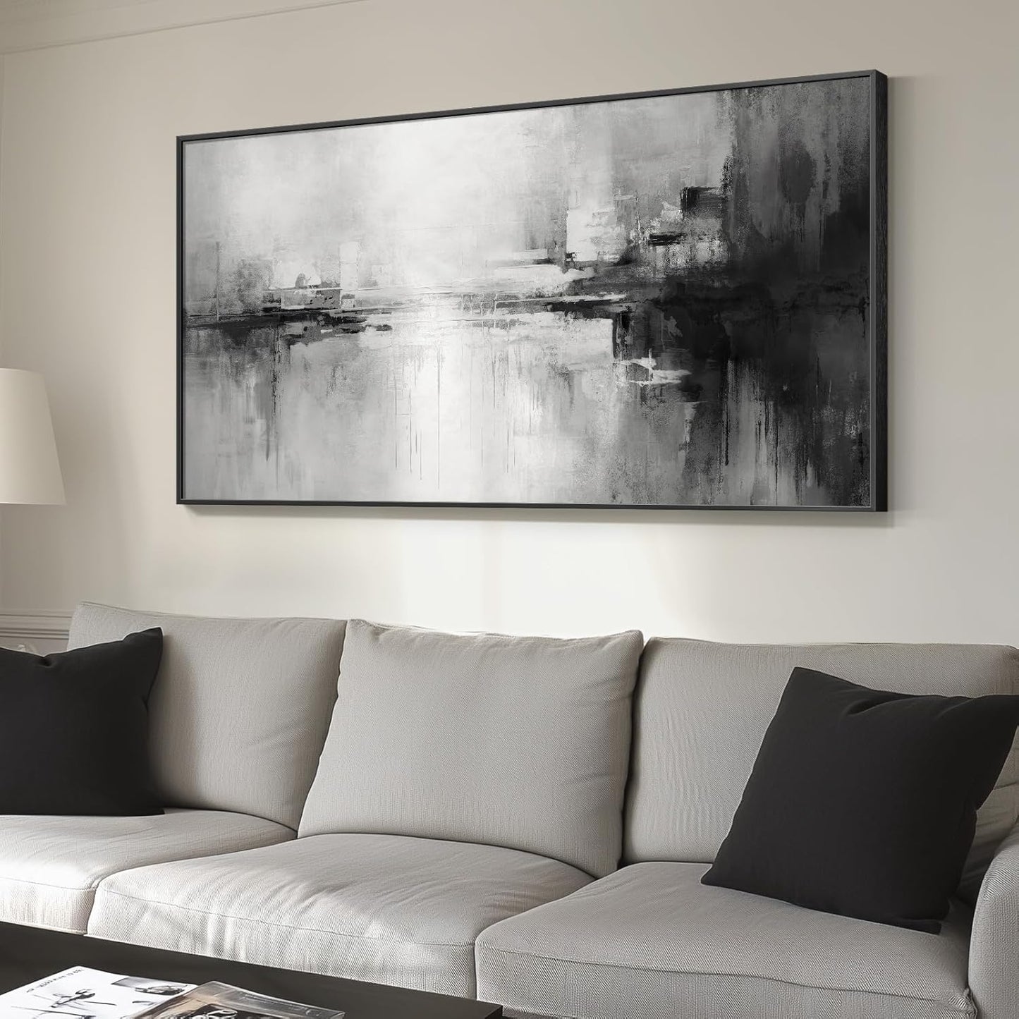 Framed Extra Large Black and White Abstract Canvas Wall Art, Modern Minimalist Horizontal Prints Painting Artwork for Walls, Black Grey Pictures Wall Decor for Living Room Hallway Bedroom Office 30x60 In