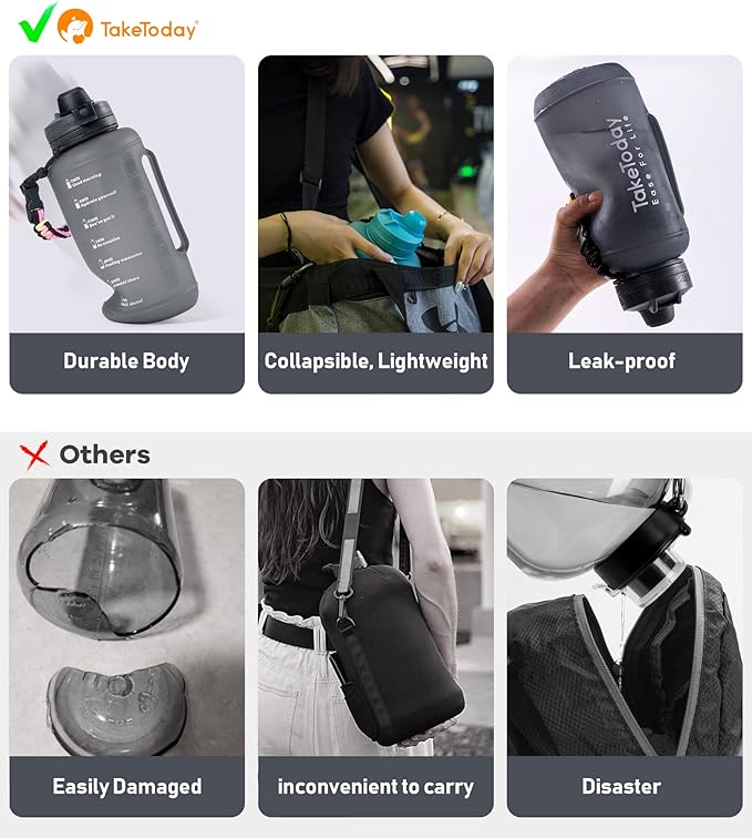 Large Collapsible Water Bottles 68oz, Leak Proof, BPA-Free, Foldable Gallon Silicone Water Jug with straw Time Marker Paracord Handle for Traveling, Hiking, Outdoors (Army Green)