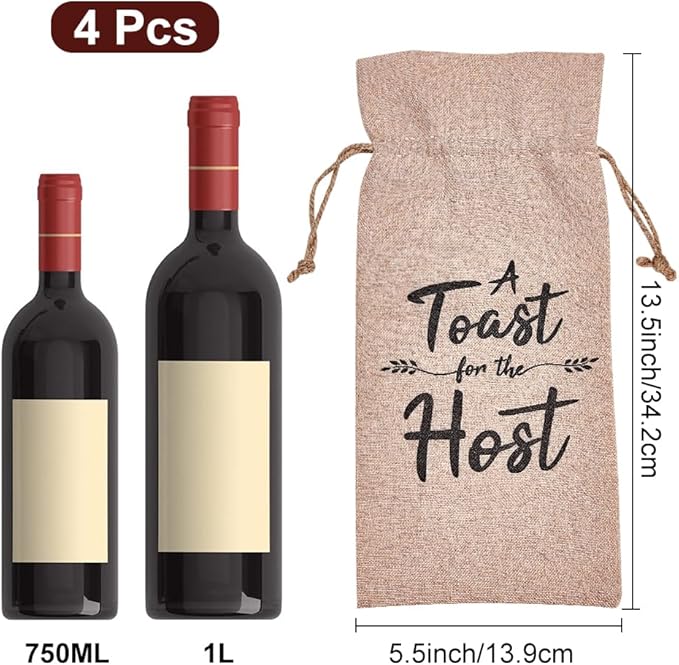 PLIGREAT 4 Pcs Cotton Linen Wine Bottle Bags Bulk Champagne Wine Gift Wraps Bag for Housewarming Wedding Shower Party Gifts Packaging Bag Reusable Jute Burlap Wine Bottle Storage Bag with Drawstring