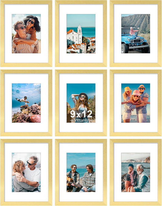 Vittanly 9x12 Picture Frames Set of 9, Shatter Resistant Plexiglass, Display 6x8 Pictures with Mat or 9x12 without Mat, Photo Frames for Wall or Tabletop, Engineered Wood, Gold