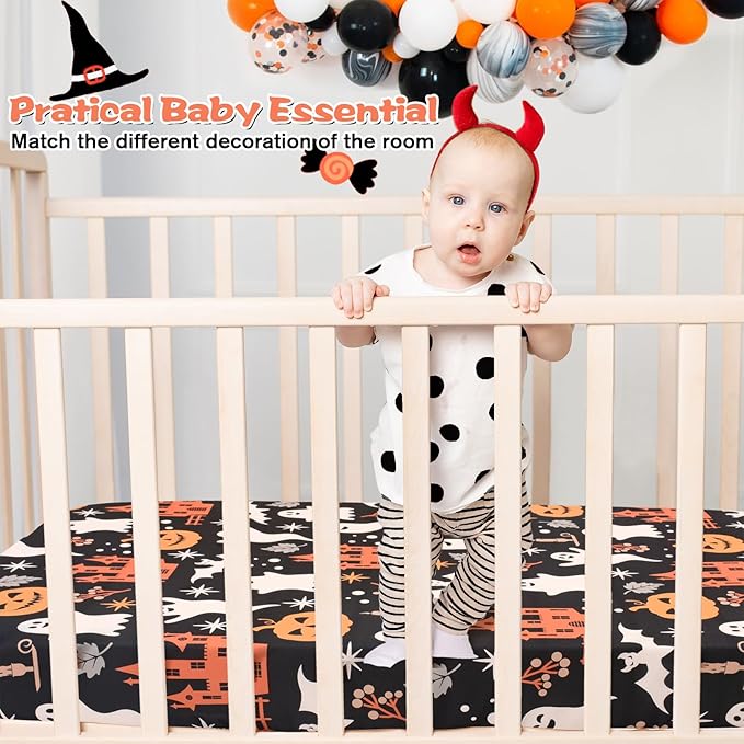 JISEN Halloween Crib Sheet Ghosts Fitted Crib Sheet for Boys Girls Crib Mattress Cover Baby Sheet for Standard Crib and Toddler Mattress Soft Breathable Baby Bed Sheet for Neutral 52x28 Inch Castles