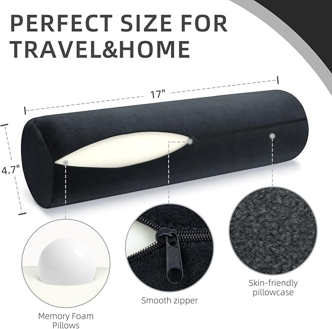 Cervical Neck Pillow Roll Memory Foam Support Round Pillows for Pain Relief Sleeping, Bed, Legs, Back and Yoga Black 17 x 4.5 Inches