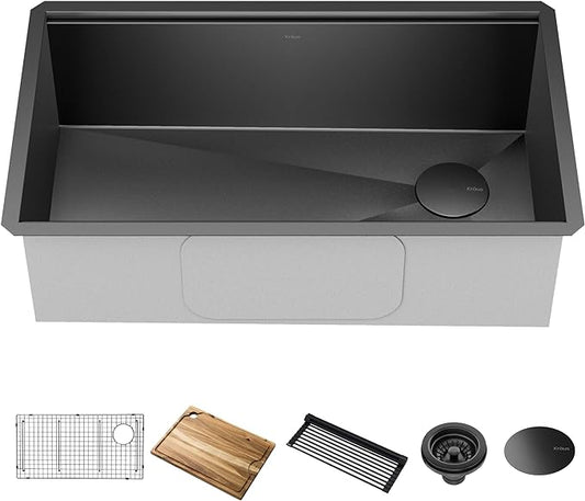 KRAUS Kore Workstation 32-inch Undermount 16 Gauge Stainless Steel Single Bowl Kitchen Sink in Gunmetal Black PVD Finish with Accessories, KWU110-32/PGM