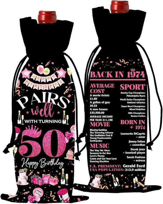 50th Birthday Gifts for Her Him Wine Bag, 50 Year Old Birthday Gifts for Women Men, 1974 Birthday Gifts for Women Men, Happy 50 Year Old Birthday Party Decorations for Women Men (Black Pink)