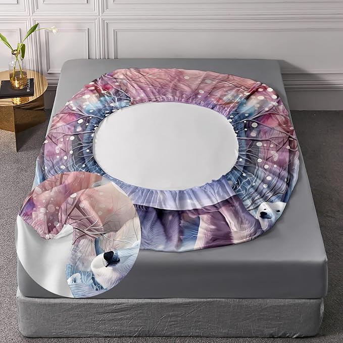 AILONEN Polar Bear Fitted Sheet Set Queen Size, Arctic Animals Bedding Winter Snow Bear Kawaii Kids Bed Sheet with 2 Pillowcases,3 Pieces Queen Fitted Sheet Set for Girls Boys