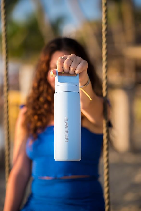 LifeStraw Go Series – Double Wall BPA-Free Vacuum Insulated 18 oz Stainless Steel Water Filter Bottle for travel and everyday use; Icelandic Blue
