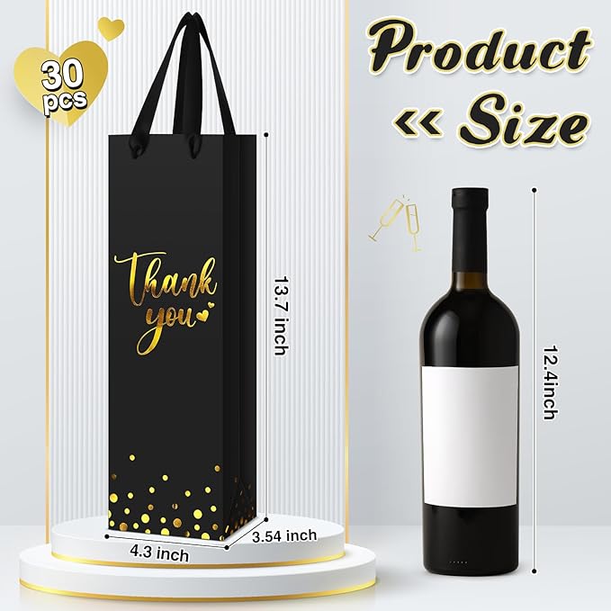Ctosree 30 Pcs Wine Gift Bag for Wine Bottle Wedding Wine Thank You Gift Bag with Metallic Gold Foil Print Kraft Wine Paper Favor Bag with Attractive Rope Handle for Graduation Bottle(Black)