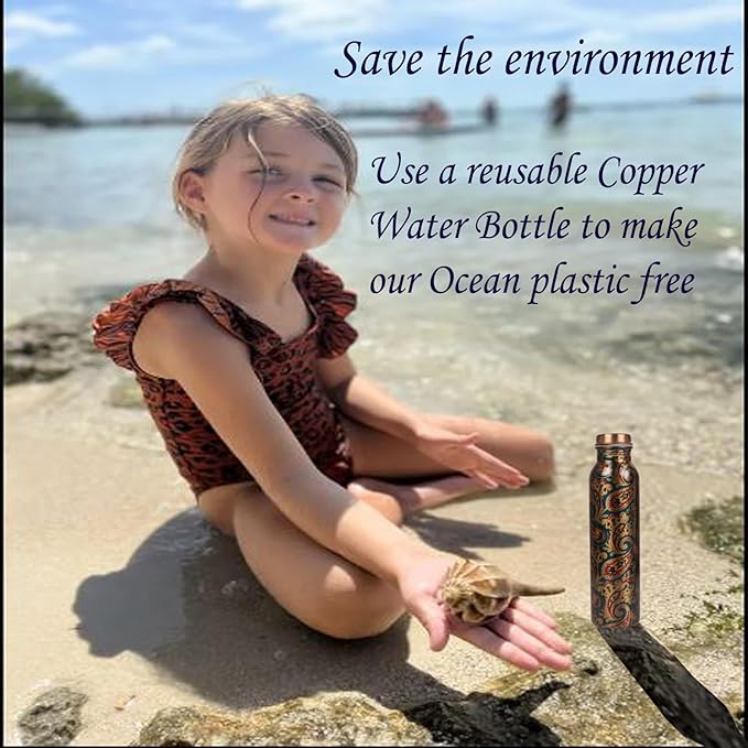 Pure Copper Water Bottle - Handcrafted - Ayurveda Health Benefits -Paisley Floral Prints 35 OZ - Leak proof - Easy to carry For Sports, Fitness, Yoga, School - Vintage Enamel.