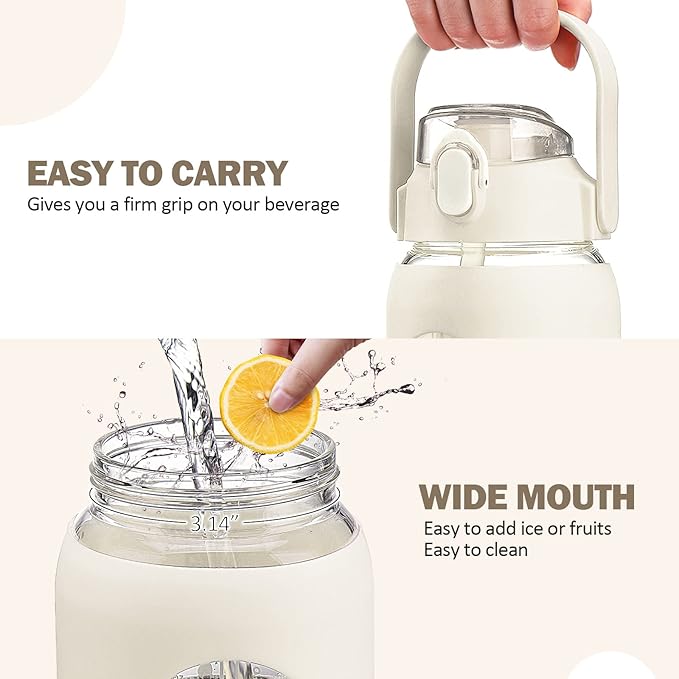 kytffu 56oz Glass Water Bottles with Straw, Motivational Glass Bottle with Silicone Sleeve and Time Marker, Leakproof Large Glass Water Jug for Gym Home Office,White