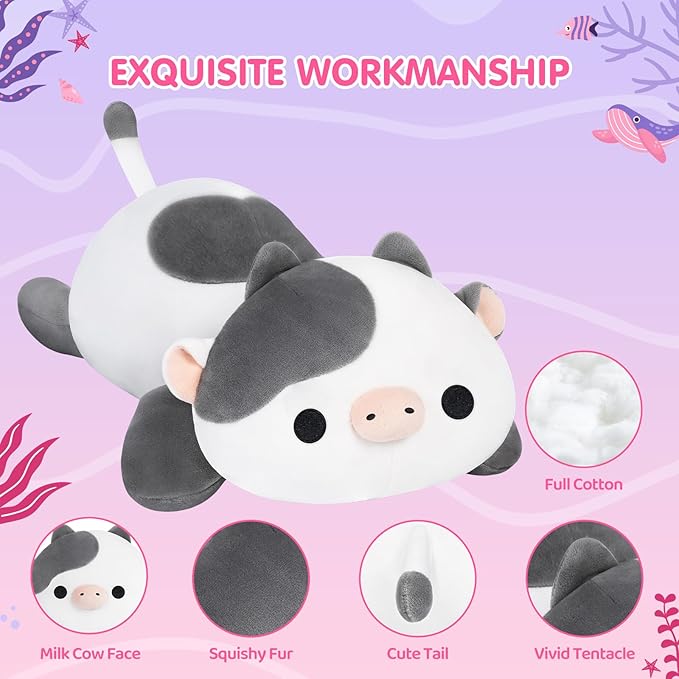 Cute Cow Plush Pillow, Kawaii Plushies White Cow Stuffed Toys, Squishy Plushies, Cuddle Plush Pillow for Boys & Girls