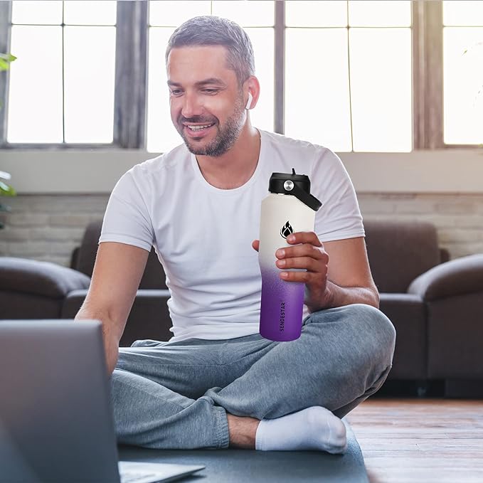 SENDESTAR Water Bottle 32oz,2 Lids(Straw lid),Wide Mouth Stainless Steel Vacuum Insulated Double Wall Keep Liquids Cold or Hot All Day,Sweat Proof Sport Design,Fit Car Cup Holder(White&Voilet)