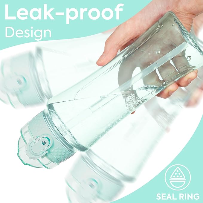 OLDLEY Kids Water Bottle with Straw 15 oz BPA-Free Leak-Proof Motivational Water Bottles with Time Marker for School Sports Travel Gym, Easy to Use for Girls Goys, 1 Straw Lid, Transparent-green