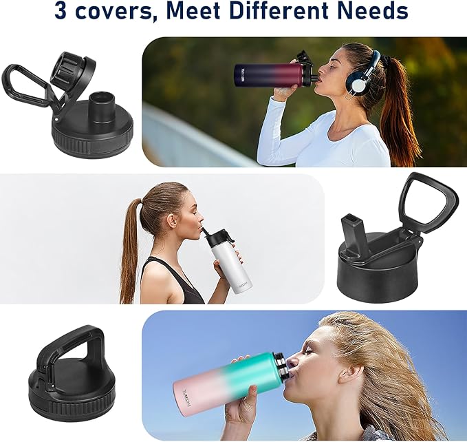 Insulated Water Bottle 24oz Stainless Steel Water Bottles with Straw&3 Lids Sports Metal Water Bottle Thermos Cup Double Walled Vacuum Insulated Bottles Leak-Proof Travel (Gradient Green Pink)