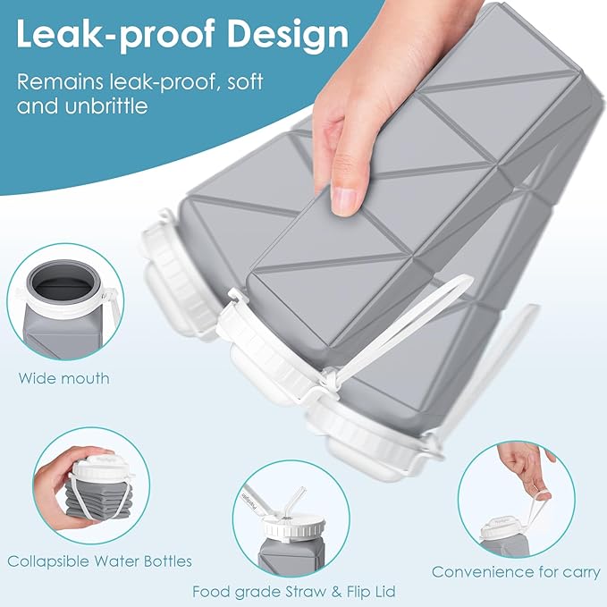 Collapsible Water Bottles,BPA-Free Leak-Proof Silicone Foldable Water Bottle Cup 20.6oz,Durable Lightweight Bottle for Gym Travel Camping Hiking Running (Type2 Grey)