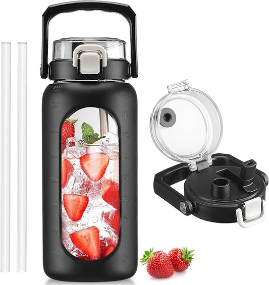 BLUEGO 64oz Glass Water Bottle with Handle and Straw, Motivational Sports Water Bottle with Time Marker and Silicone Sleeve Leakproof Drinking Bottle for Travel Gym Workout, Black
