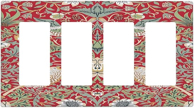 William Morris Strawberry Thief Botanical Red Green 4 Gang Rocker Decora Light Switch Cover Outlet Covers Wall Plate Decorative Switchplate Electrical Faceplate GFCI for Country Bedroom Decor