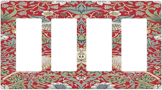 William Morris Strawberry Thief Botanical Red Green 4 Gang Rocker Decora Light Switch Cover Outlet Covers Wall Plate Decorative Switchplate Electrical Faceplate GFCI for Country Bedroom Decor