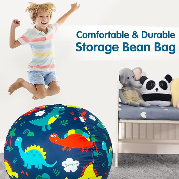 Lukeight Stuffed Animal Storage Bean Bag Chair Cover for Kids, Dinosaur Zipper Beanbag Chair Cover for Organizing Toddler and Kids' Rooms Plush Toys (Dinosaur Navy, X-Large)