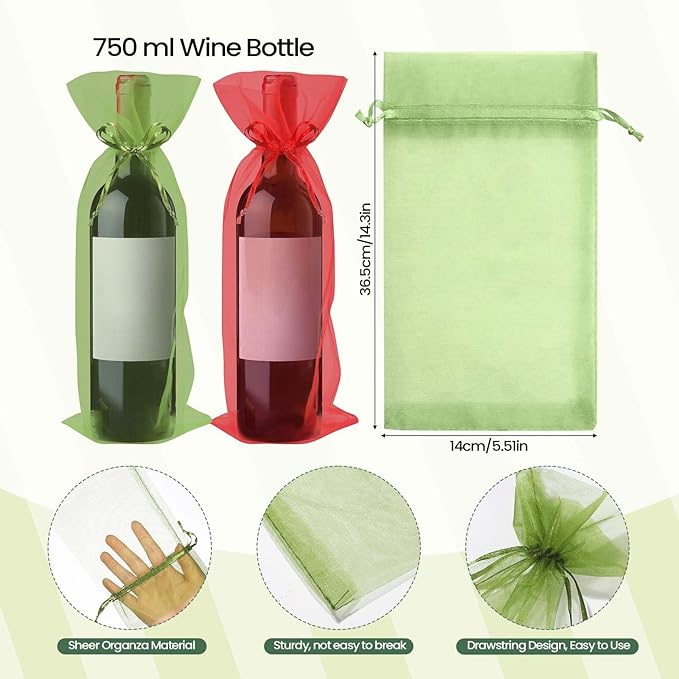 Megitzuu 20 Pieces Organza Wine Bags, 14.6 x 5.5 Inch Wine Gift Bag with Drawstring Sheer Mesh Wine Gift Pouches Bottle Covers for Halloween Christmas Wedding Party Favors (Red+Green)