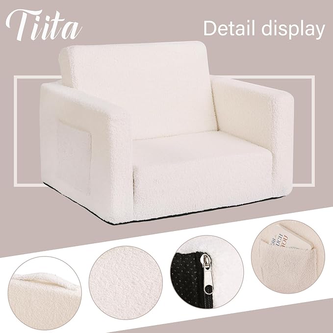 Tiita Kids Sofa, 2-in-1 Kids Sofa Chair, Convertible Children Couch to Lounger, Flip Out Kids Sofa Chair, Toddler Armrest Chair Bed, Folding Kids Play Sofa for Girl or Boy (Beige)