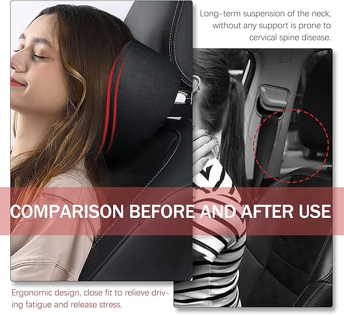 Travel Car Headrest Pillow, 100% Pure Memory Foam Car Pillow for Driving with Adjustable Strap, Breathable Removable Cover & Ergonomic Design - Softness Car Neck Support Pillow(Black, LOVE SHAPE)