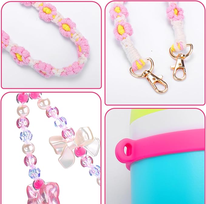 Mity rain Water Bottle Accessories Set for Owala, Including Water Bottle Handle Strap, Charms,Bohemian Style Personality and Easy to Carry (Pink, Universal (not Include Boot))