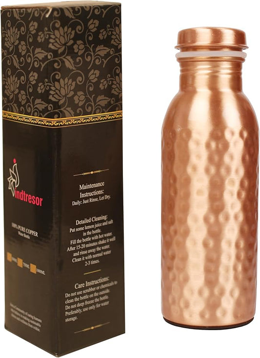 Pure Copper Water Bottle - Handcrafted - Ayurveda health benefits - Small 15 oz - Leak proof, Easy to carry for Sports, Fitness, Yoga, School - Natural Hammered Beaten Copper Finish