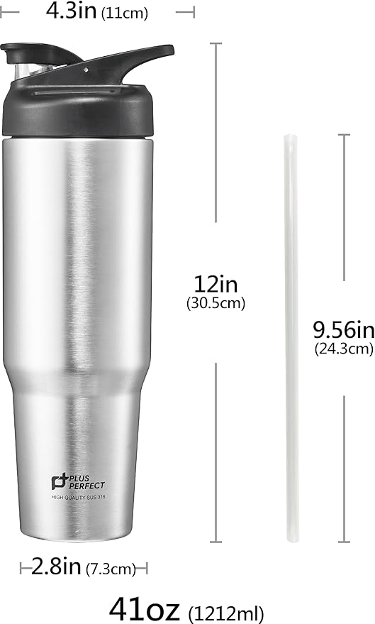 41 OZ 316 Stainless Steel Vacuum Insulated Travel Mug With Leak Proof Flip For Both Straw & Spout, Double Walled Seamless to Keep Hot And Cold, Sliver