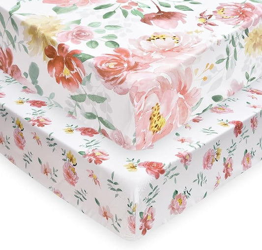 PHF Soft Floral Crib Sheet Fitted, 2 Pack Silky Comfy Breathable Baby Sheets for Girls, 28x52x9in Fits Standard Crib and Toddler Mattresses, Watercolor Floral