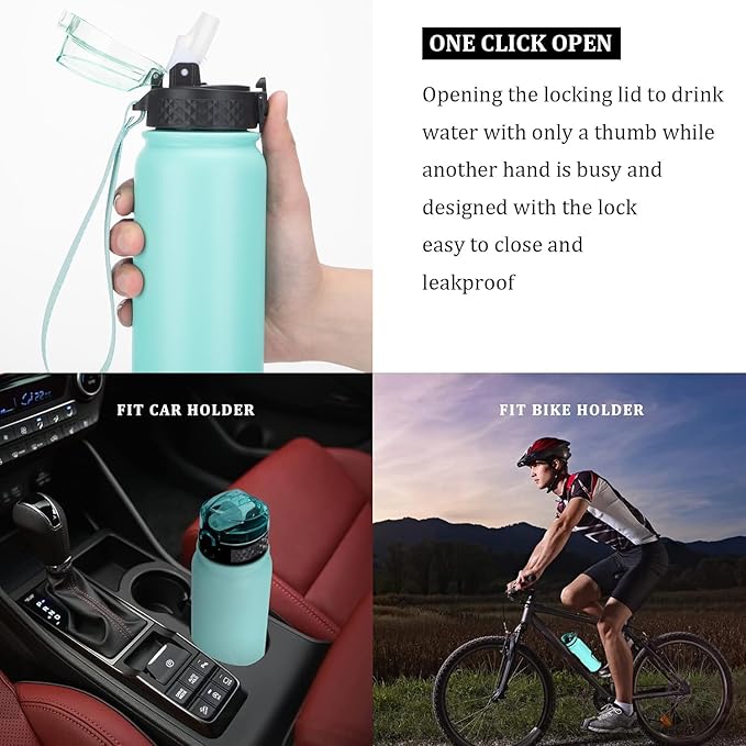 GOPPUS 20 oz Kids Water Bottle with Straw Wide Mouth Lid Leak Proof Double Walled Insulated Stainless Steel Water Bottles with Strap Handle Cup Stickers for Boys Girls School (Green 1 Lid)