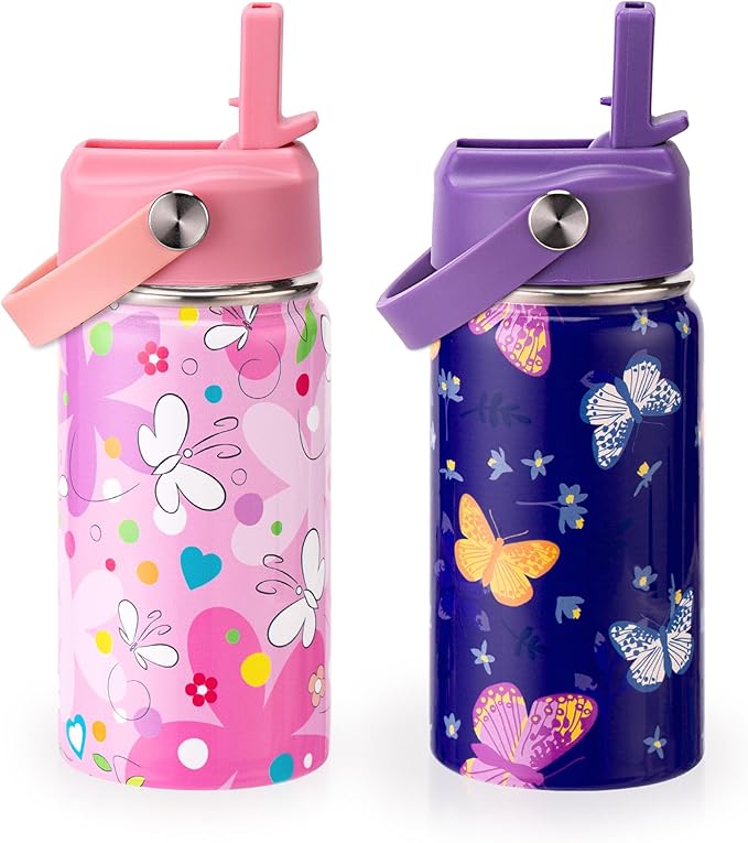 Kids Insulated Water Bottle, 2 Pack 12oz Butterflies Water Bottles Bulk with Flip Straw & Big Handle, Gifts for Kids Girls to School Travel Sports, Hands Wash Only, Purple & Pink