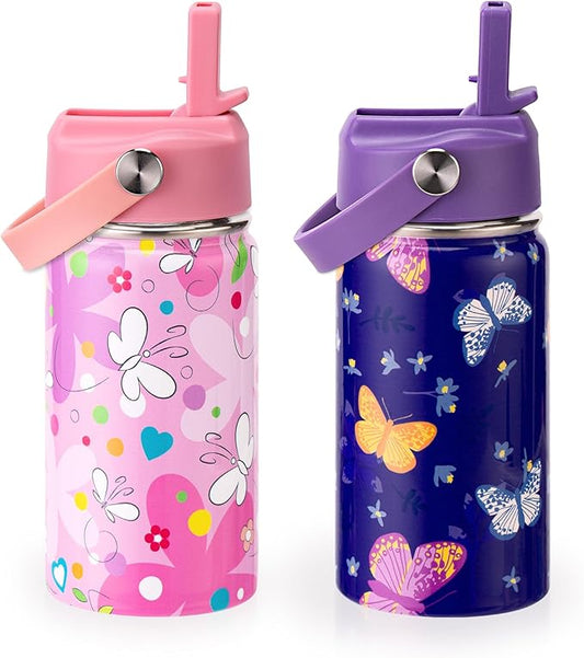 Kids Insulated Water Bottle, 2 Pack 12oz Butterflies Water Bottles Bulk with Flip Straw & Big Handle, Gifts for Kids Girls to School Travel Sports, Hands Wash Only, Purple & Pink