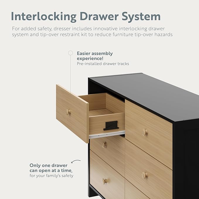 Storkcraft Calabasas 6 Drawer Dresser (Black with Driftwood) - GREENGUARD Gold Certified, 6 Drawer Dresser with Interlocking Drawer System, Dresser Drawer Organizer for Kids' Bedroom