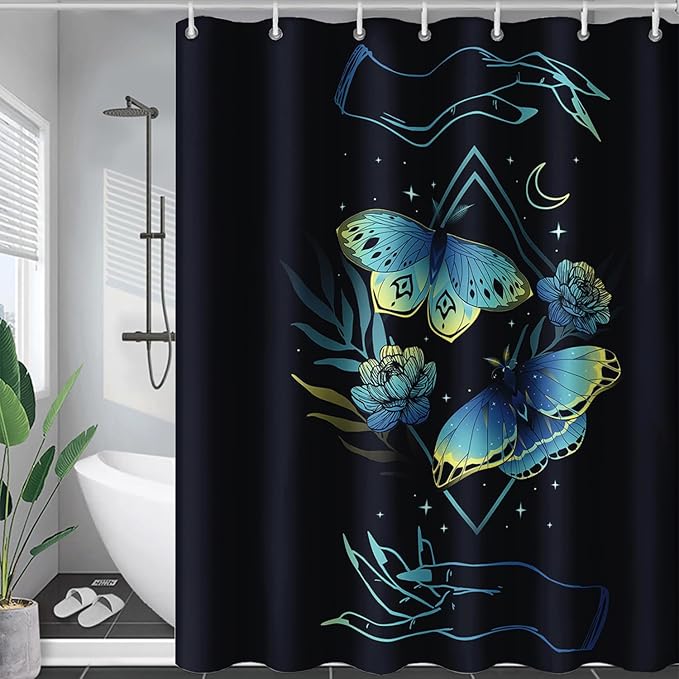 AILONEN Blue Moth Shower Curtain,Flora Death Moth Bath Curtain for Bathroom Decor,Polyester Waterproof with 12 Plastic Hooks 72" W*72" H